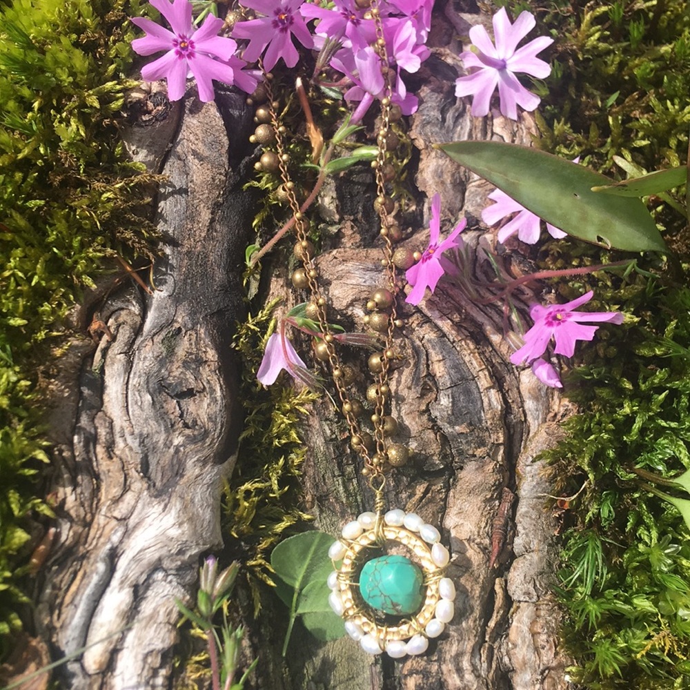 Turquoise, with freshwater pearls, artisan made